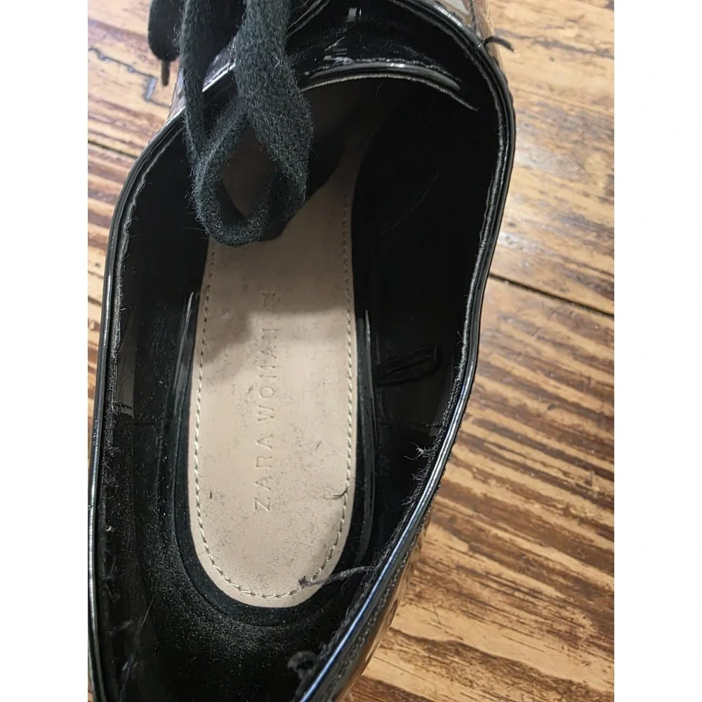 ZARA Black Patent Multi-Stripe Thick Platform Oxford Shoes Size EU 41  USA Size